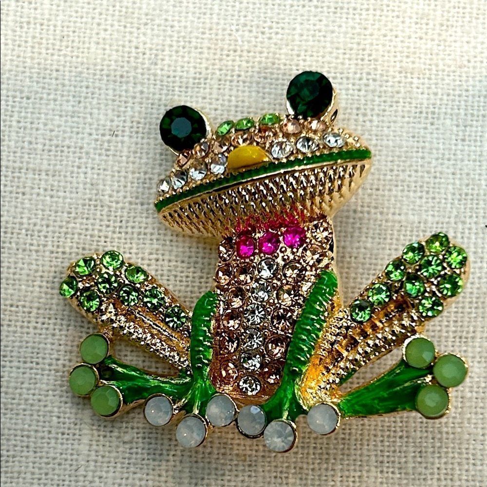 Green and Gold crystals Frog Brooch